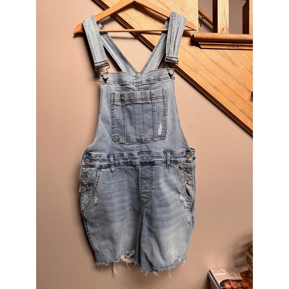Judy Blue Women 1XL Distressed Denim Shortalls Overalls Light Wash‎ Streetwear - Picture 2 of 8